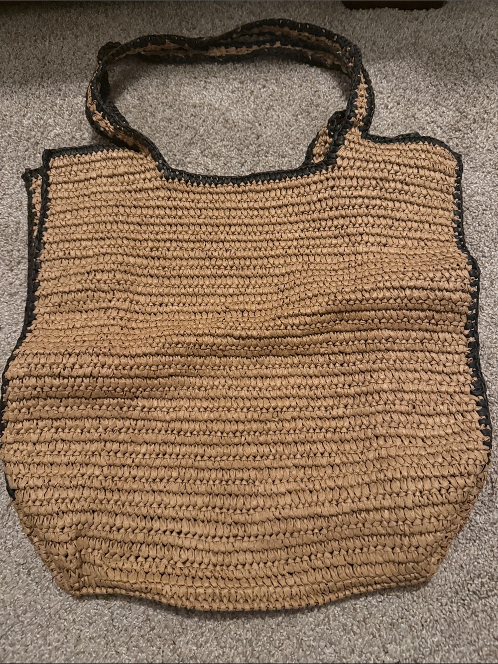 Woven Straw Tote Bag with Black Trim - Natural- 16 x 16